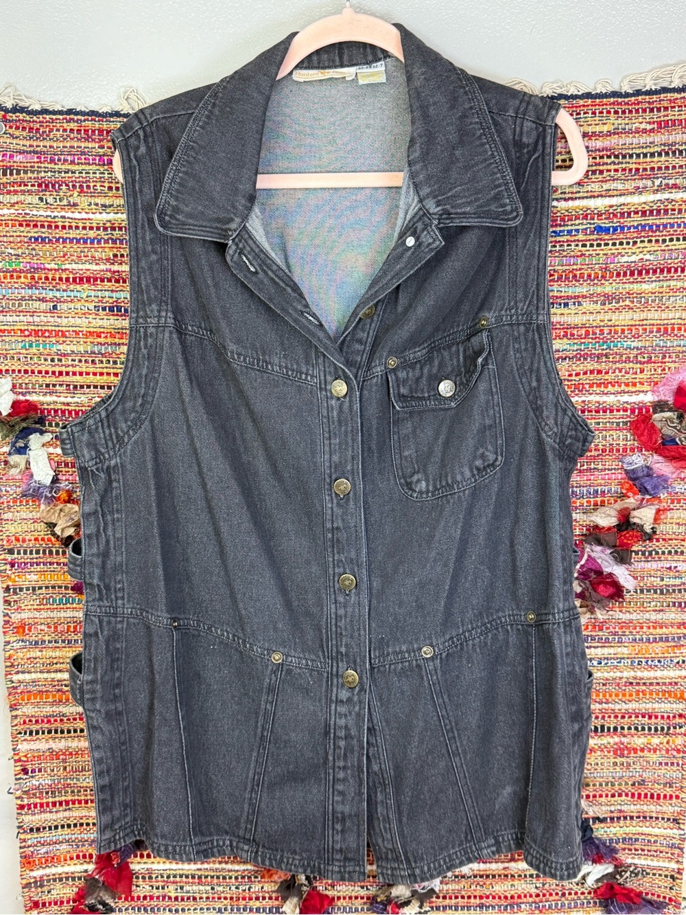 Vintage Hunters Run Washed Black Denim Utility Vest 100% Cotton 32 2832 7